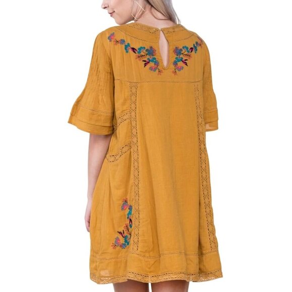 Free People Victorian Mini Dress Mustard Embroidered A Line Bohemian Size L - Picture 7 of 12